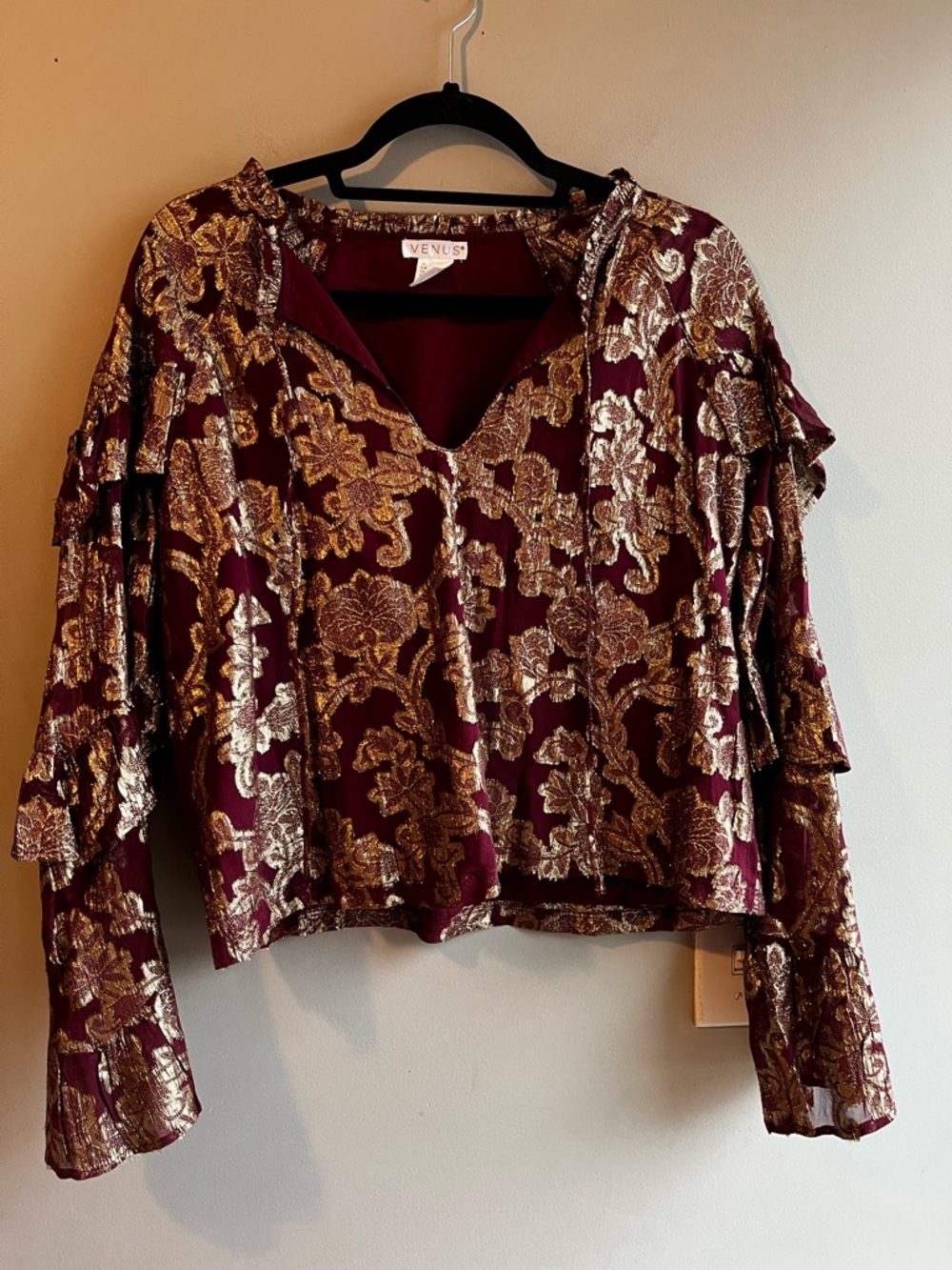 Venus Women's Burgundy Metallic Ruffle Sleeve Top with Gold Floral Foil Size 6